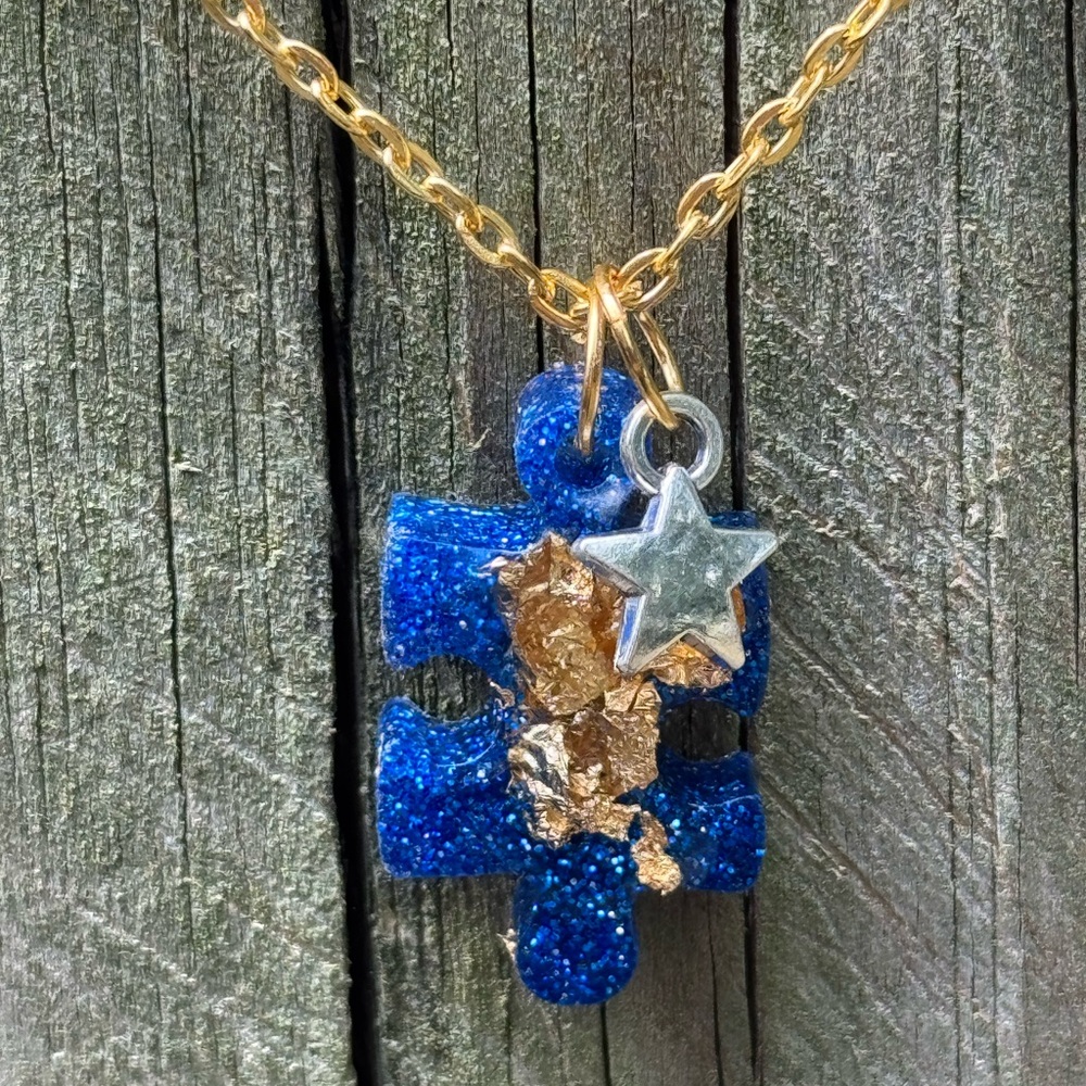 Glittery Blue Puzzle Piece Charm Necklace with Gold Leaf Inlay